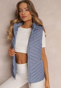 Renee - Niebieska Kamizelka Nylonowa z Kapturem Marashe. Typ kołnierza: kaptur. Kolor: niebieski. Materiał: nylon. Wzór: aplikacja