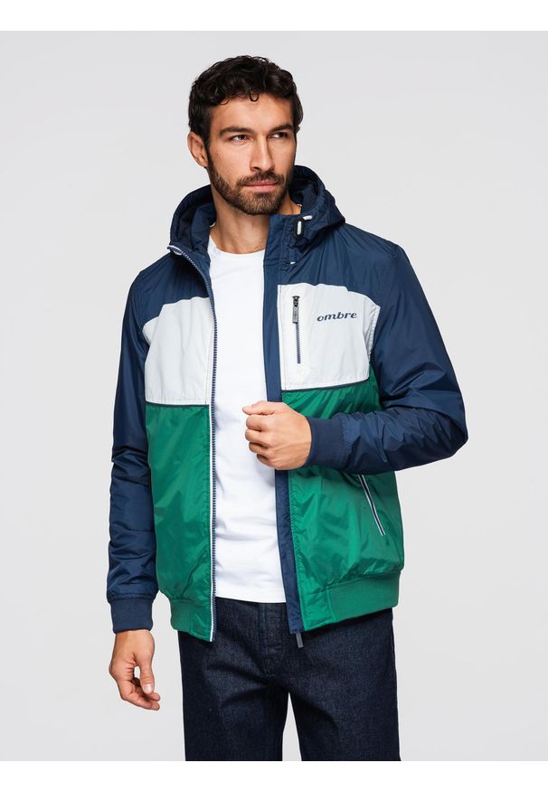 Ombre Clothing - Lekka kolorowa kurtka sportowa męska z polarem – zielono-granatowa V20 - Rozmiar: L. Typ kołnierza: kołnierzyk stójkowy. Kolor: zielony. Materiał: polar. Wzór: kolorowy. Styl: sportowy