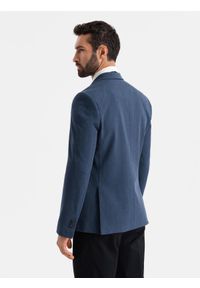 Ombre Clothing - Elegancka marynarka męska SLIM FIT z rayonem – ciemnoniebieska V3. Kolor: niebieski. Materiał: tkanina, poliester, materiał. Wzór: ze splotem. Styl: elegancki #5