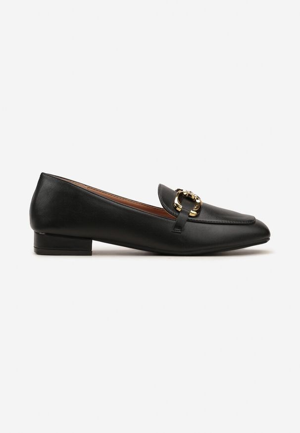 Renee - Czarne Eleganckie Mokasyny na Płaskim Obcasie z Klamerką Lorenme. Nosek buta: okrągły. Kolor: czarny. Materiał: jeans. Obcas: na obcasie. Styl: elegancki. Wysokość obcasa: niski