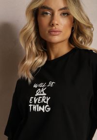 Renee - Czarny Oversizowy T-shirt z Elastycznej Bawełny z Nadrukiem Larkia. Okazja: na co dzień. Kolor: czarny. Materiał: bawełna. Wzór: nadruk. Styl: casual, rockowy