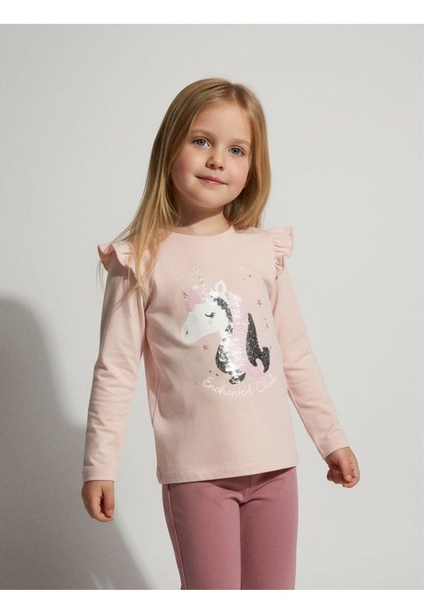 Sinsay - Bawełniana koszulka z ozdobnymi cekinami - różowy. Kolor: różowy. Materiał: bawełna