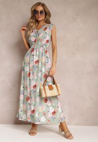 Renee - Jasnozielona Sukienka Maxi w Kwiaty z Gumką w Talii Kaleita. Kolor: zielony. Materiał: bawełna, tkanina. Długość rękawa: bez rękawów. Wzór: kwiaty. Sezon: lato. Długość: maxi #4
