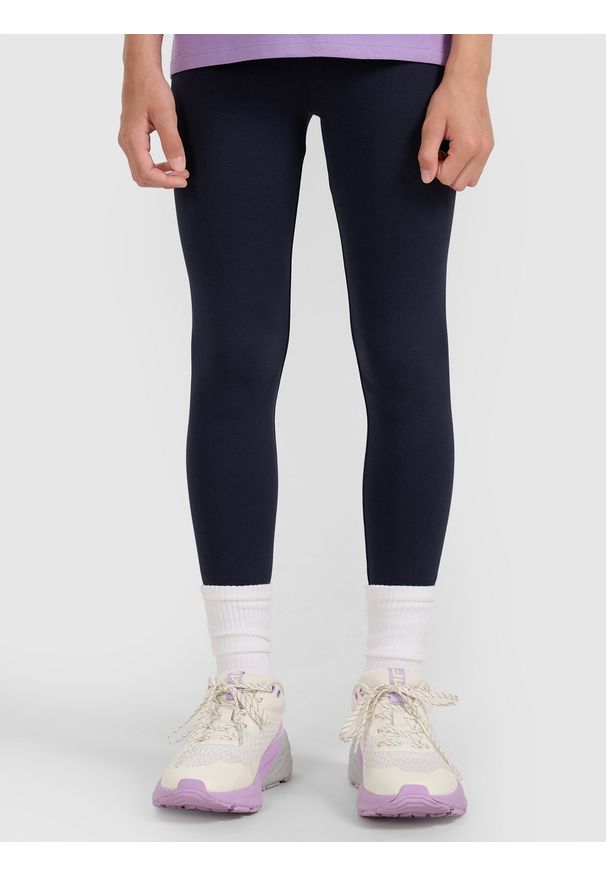4f - 4F Legginsy dzianinowe dziewczęce - niebieskie 152 (11-12 lat). Okazja: na co dzień. Stan: podwyższony. Kolor: niebieski. Materiał: dzianina. Wzór: ze splotem, gładki. Sezon: lato. Styl: sportowy, casual