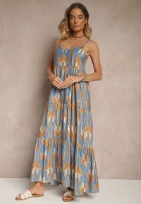 Renee - Niebiesko-Beżowa Sukienka w Stylu Boho z Cienkimi Regulowanymi Ramiączkami Tosena. Okazja: na co dzień. Kolor: niebieski. Długość rękawa: na ramiączkach. Sezon: lato. Styl: boho. Długość: maxi