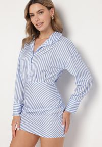 Born2be - Jasnoniebieska Koszulowa Sukienka w Paski o Dopasowanym Kroju Meveira. Okazja: na imprezę. Typ kołnierza: kołnierzyk klasyczny. Kolor: niebieski. Długość rękawa: długi rękaw. Wzór: paski. Typ sukienki: koszulowe. Styl: klasyczny #3
