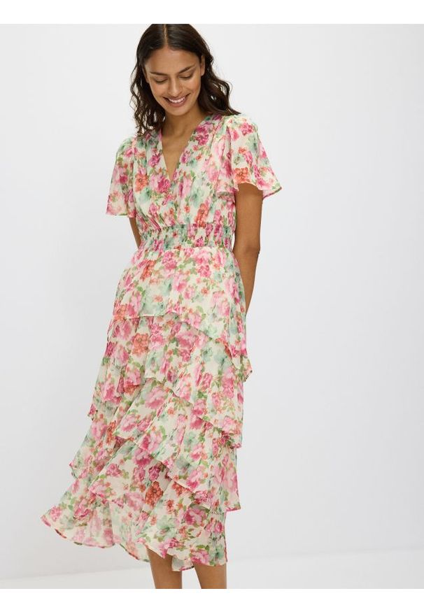 Reserved - Sukienka midi z falbanami - wielobarwny. Materiał: tkanina. Długość: midi