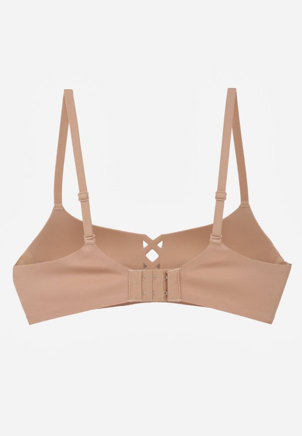 Born2be - Ciemnobeżowy Gładki Biustonosz z Ozdobną Imitacją Sznurowania Azivene. Kolor: beżowy. Materiał: materiał. Wzór: gładki