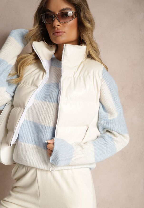 Renee - Jasnoniebieski Sweter ze Ściągaczami Ozdobiony Pasami z Wełną Tiarosea. Okazja: na co dzień. Kolor: niebieski. Materiał: wełna. Długość rękawa: długi rękaw. Długość: długie. Wzór: aplikacja. Styl: casual, klasyczny