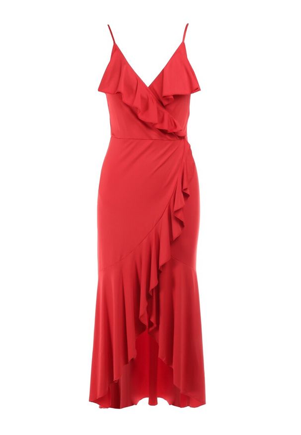 Born2be - Czerwona Kopertowa Sukienka na Ramiączkach Zdobiona Falbanami Adathe. Kolor: czerwony. Długość rękawa: na ramiączkach. Wzór: aplikacja. Typ sukienki: kopertowe. Styl: elegancki. Długość: midi