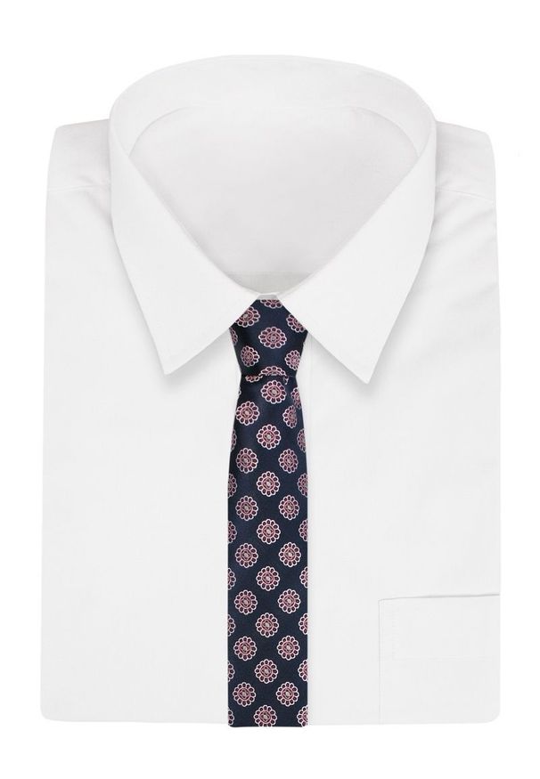Granatowy Męski Krawat -Chattier- 8cm, Klasyczny, Szeroki, Elegancki, w Biało-Czerwone Kwiatki. Kolor: niebieski, czerwony, wielokolorowy. Materiał: tkanina. Wzór: kwiaty. Styl: klasyczny, elegancki