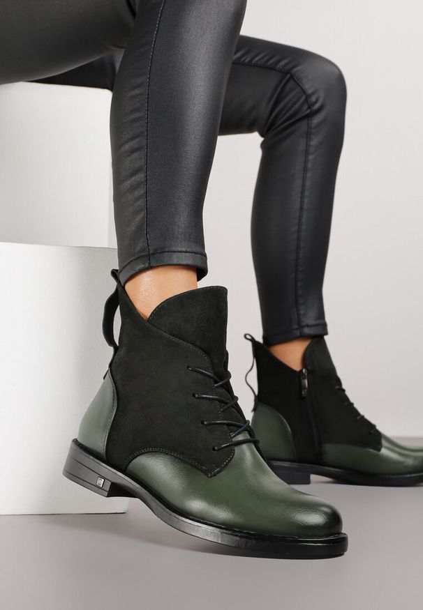 Born2be - Zielone Botki Potocki Typu Trzewiki z Geometrycznym Motywem Zerfa. Okazja: na co dzień. Kolor: zielony. Materiał: jeans. Wzór: geometria. Styl: casual, klasyczny