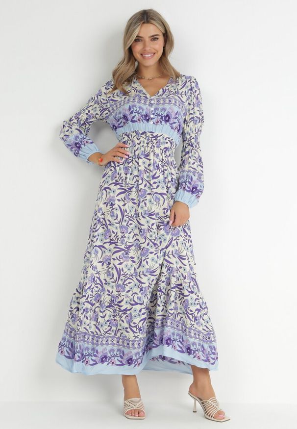 Born2be - Fioletowo-Beżowa Sukienka Boho z Wiskozy Lohine. Kolor: fioletowy. Materiał: wiskoza. Długość rękawa: długi rękaw. Wzór: aplikacja, kwiaty. Styl: boho. Długość: maxi