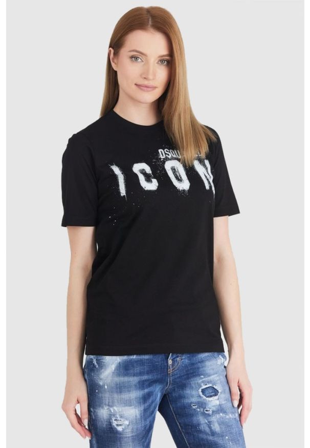 DSQUARED2 Czarny t-shirt damski icon spray, Rozmiar S. Kolor: czarny. Materiał: prążkowany, bawełna. Wzór: nadruk