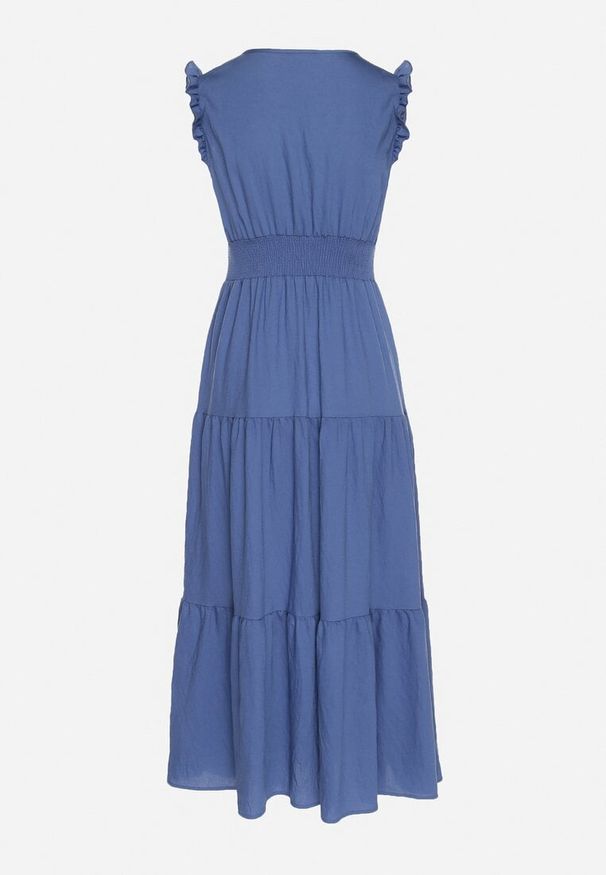 Born2be - Niebieska Wiskozowa Sukienka z Falbankami Sadoline. Okazja: na co dzień. Typ kołnierza: kołnierz z falbankami. Kolor: niebieski. Materiał: wiskoza. Styl: boho, casual