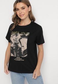 Born2be - Czarny T-shirt z Bawełny Ozdobiony Nadrukiem i Brokatem Marionel. Okazja: na co dzień. Kolor: czarny. Materiał: bawełna. Wzór: nadruk, aplikacja. Styl: casual, elegancki, klasyczny #5