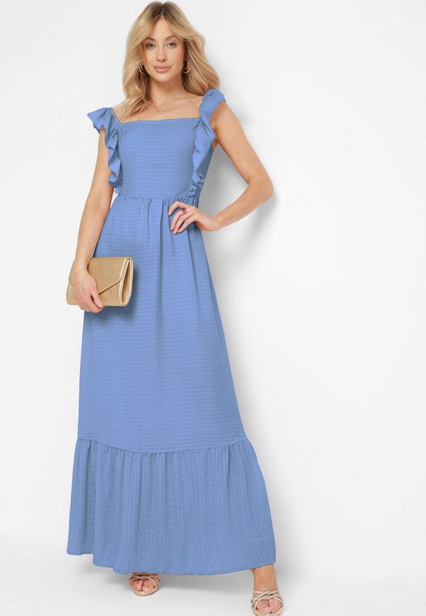 Born2be - Niebieska Sukienka na Ramiączkach z Falbankami i Gumką w Talii z Wiązaniem na Plecach Tiolla. Typ kołnierza: kołnierz z falbankami. Kolor: niebieski. Długość rękawa: na ramiączkach. Styl: elegancki, klasyczny, wizytowy