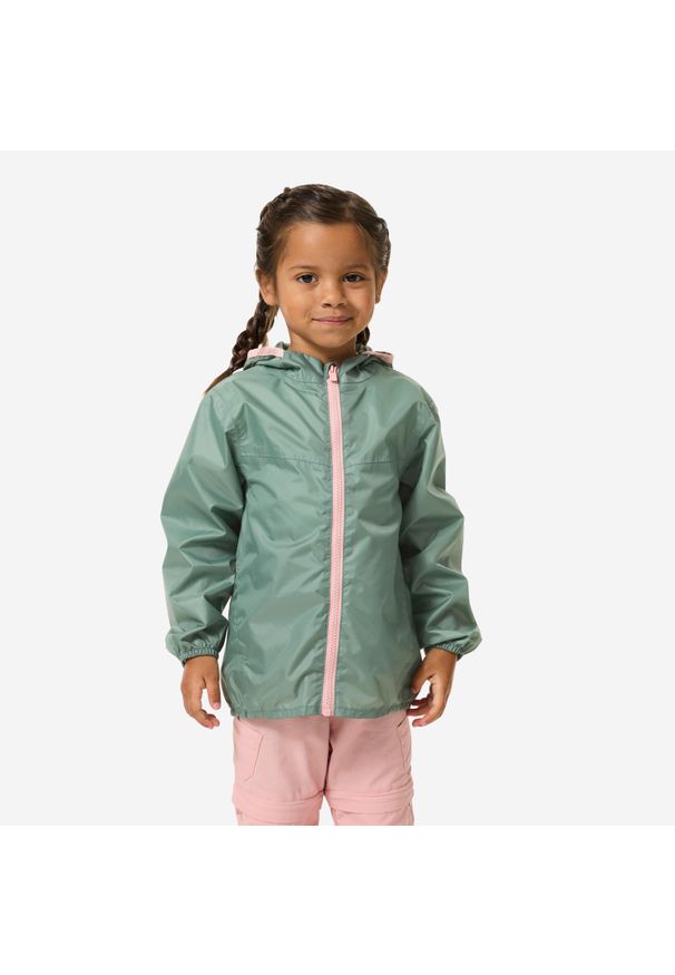 quechua - Kurtka turystyczna dla dzieci Quechua MH100 wodoodporna. Kolor: zielony. Materiał: materiał, poliester. Sezon: lato. Styl: sportowy. Sport: turystyka piesza