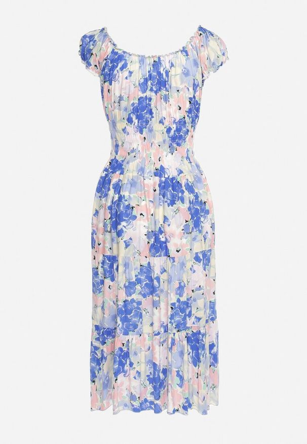 Born2be - Niebiesko-Biała Wiskozowa Sukienka Midi z Falbanką i Kwiatowym Wzorem Exordia. Kolor: niebieski. Materiał: wiskoza. Wzór: kwiaty. Długość: midi