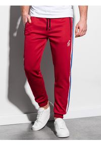 Ombre Clothing - Spodnie męskie dresowe joggery P854 - czerwone - M. Kolor: czerwony. Materiał: dresówka. Wzór: kolorowy, haft. Styl: retro