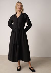 Born2be - Czarna Bawełniano-Wiskozowa Sukienka Koszulowa z Imitacją Kieszeni Biriala. Okazja: na co dzień. Kolor: czarny. Materiał: wiskoza, bawełna. Typ sukienki: koszulowe. Styl: casual, elegancki, klasyczny #2