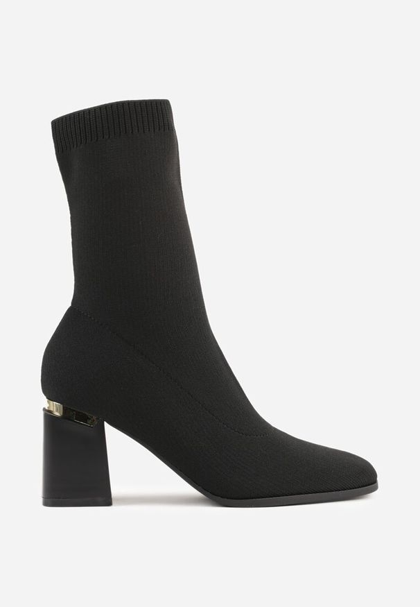 Renee - Czarne Skarpetkowe Botki VICES na Słupkowym Obcasie z Metaliczną Wstawką Anivita. Okazja: na randkę. Kolor: czarny. Materiał: satyna, skóra, wełna. Wzór: aplikacja. Obcas: na obcasie. Wysokość obcasa: średni