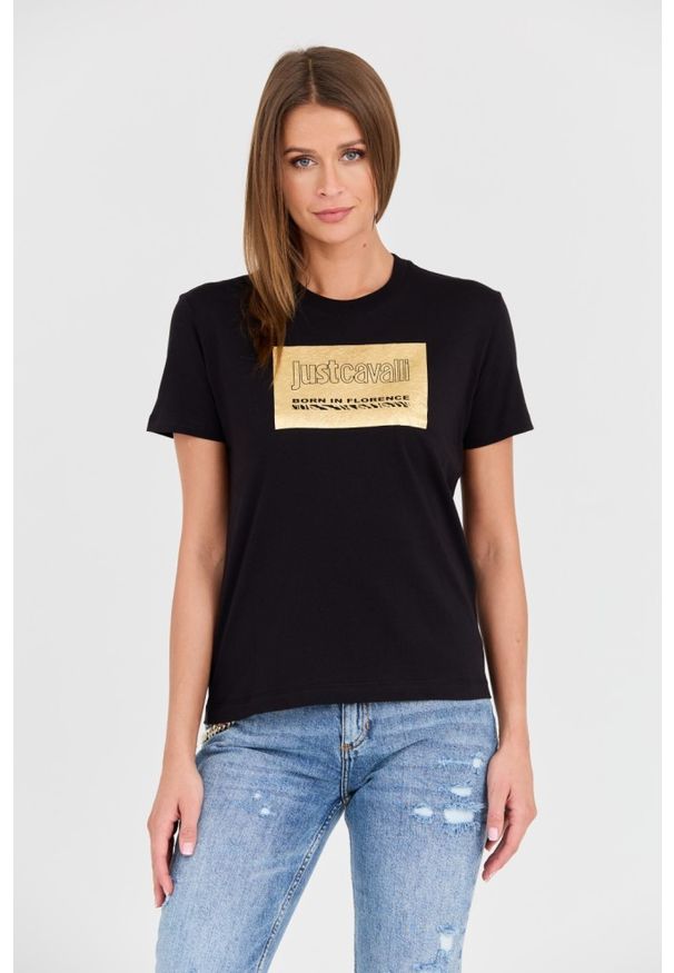Just Cavalli - JUST CAVALLI Czarny damski t-shirt R Gold Tiger Label, Rozmiar M. Kolor: czarny