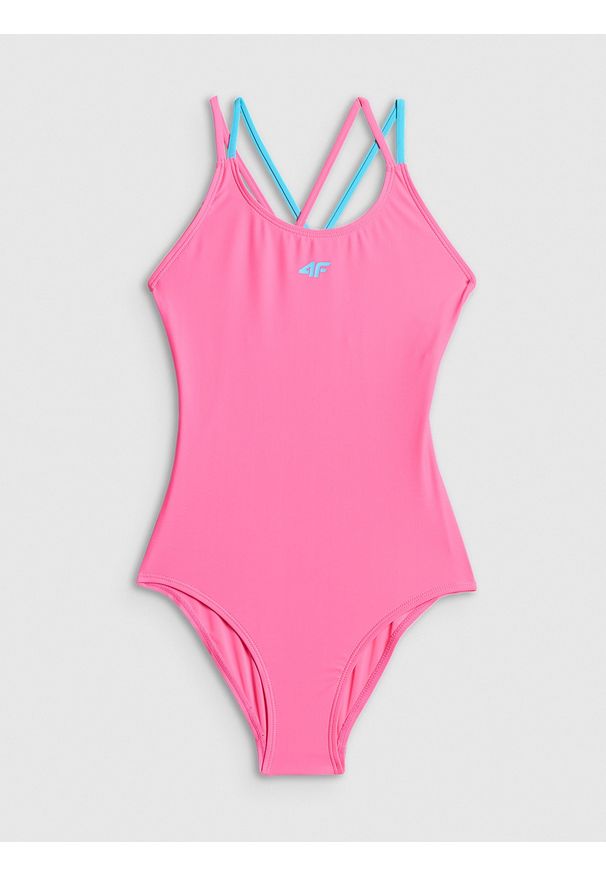 4f - 4F Kostium kąpielowy jednoczęściowy dziewczęcy - różowy 122/128 (6-8 lat). Kolor: różowy. Materiał: skóra, materiał. Rodzaj stanika: push-up