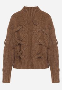 Born2be - Brązowy Golf z Domieszką Wełny Zdobiony Oryginalnym Splotem Fedwira. Okazja: do pracy, na co dzień, na spotkanie biznesowe. Typ kołnierza: golf. Kolor: brązowy. Materiał: wełna. Wzór: aplikacja, ze splotem. Sezon: zima, jesień. Styl: casual, klasyczny, biznesowy #5