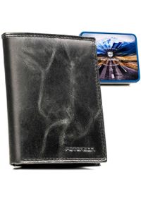 Pionowy, skórzany portfel męski w czarnym kolorze bez zapięcia zewnętrznego - Peterson. Kolor: czarny. Materiał: skóra #1