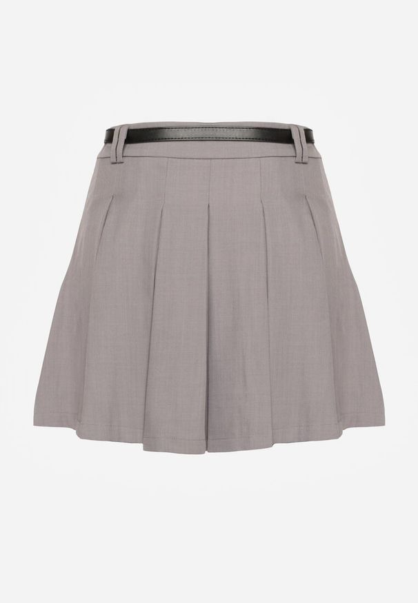 Renee - Szare Spódnico-Spodenki High Waist z Plisowaniem Wykończone Paskiem Eviennes. Okazja: na co dzień. Stan: podwyższony. Kolor: szary. Materiał: jedwab. Styl: casual, klasyczny
