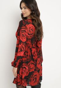 Born2be - Czarno-Czerwona Rozkloszowana Sukienka w Róże z Bufiastymi Rękawami i Marszczeniem w Talii Senarielle. Okazja: na co dzień, na imprezę. Kolor: czarny. Materiał: skóra. Sezon: wiosna. Styl: casual, elegancki #3