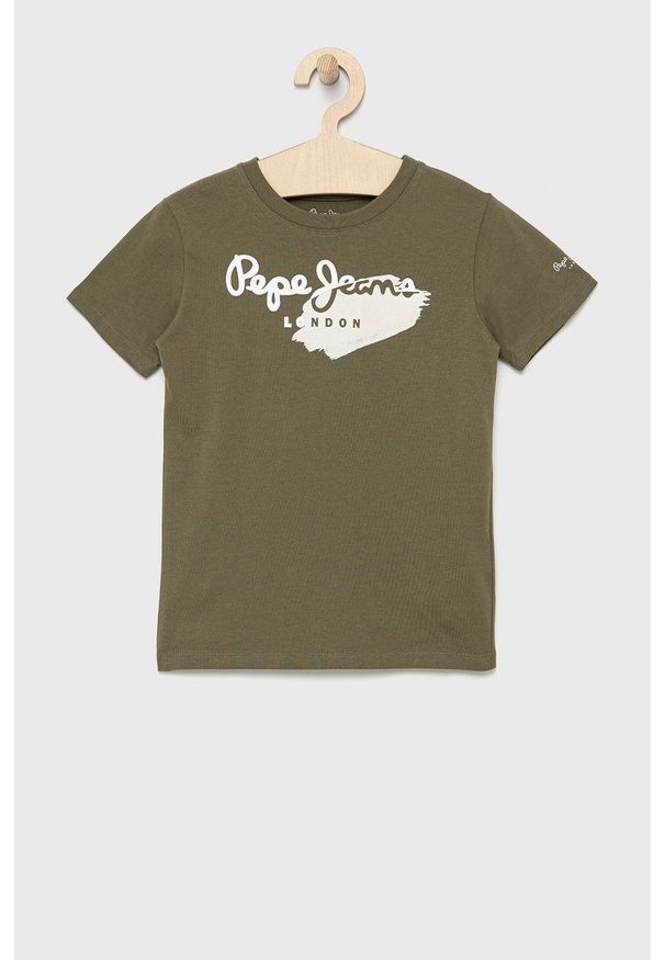 Pepe Jeans t-shirt bawełniany dziecięcy kolor zielony z nadrukiem. Okazja: na co dzień. Kolor: zielony. Materiał: bawełna. Wzór: nadruk. Styl: casual