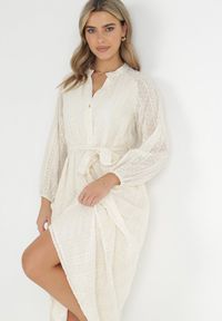 Born2be - Beżowa Koszulowa Sukienka na Guziki z Paskiem Mejia. Kolor: beżowy. Materiał: materiał. Wzór: haft. Typ sukienki: koszulowe #4