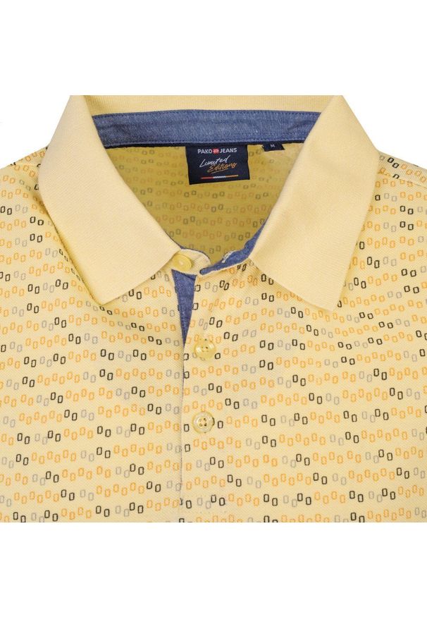 Koszulka Polo - Męska - Pako Jeans - Żółta w Drobny Wzór. Okazja: na co dzień. Typ kołnierza: polo. Kolor: żółty, wielokolorowy, złoty. Materiał: bawełna. Styl: casual