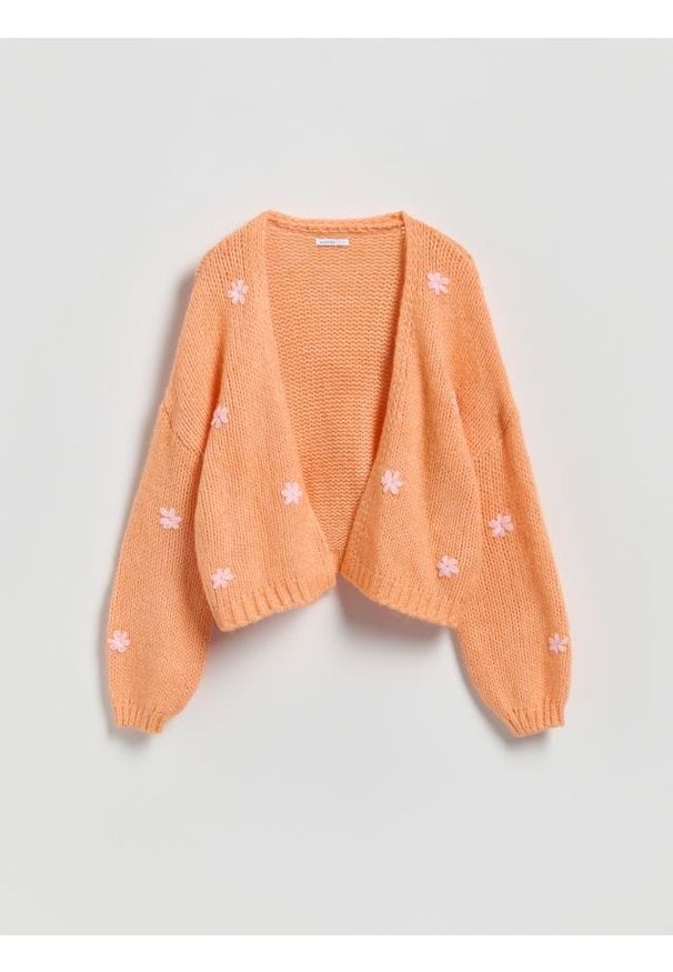 Reserved - Kardigan z haftem - pomarańczowy. Kolor: pomarańczowy. Materiał: dzianina, wełna. Wzór: haft