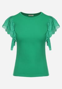 Born2be - Zielona Bawełniana Bluzka z Haftowanym Materiałem na Rękawach Alvine. Kolor: zielony. Materiał: materiał, bawełna. Wzór: haft #7