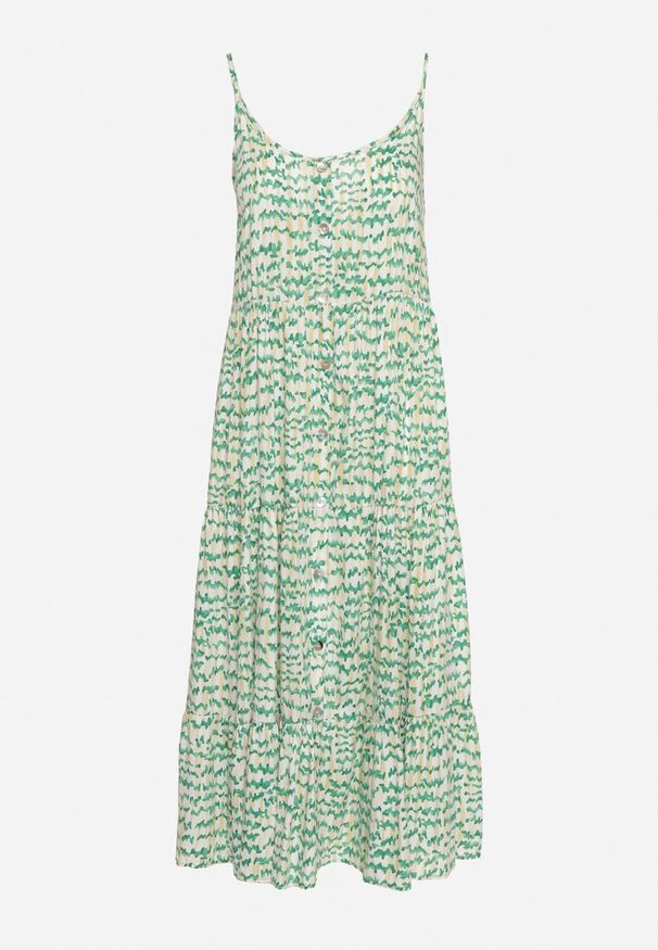 Born2be - Zielona Wiskozowa Sukienka z Cienkimi Ramiączkami Ozdobiona Guzikami i Falbanką Vikini. Typ kołnierza: dekolt w kształcie V. Kolor: zielony. Materiał: wiskoza. Długość rękawa: na ramiączkach. Wzór: aplikacja. Styl: klasyczny