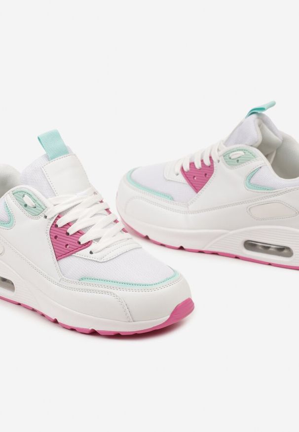 Renee - Biało-Różowe Sneakersy z Ekoskóry ze Sznurowaniami i Podeszwą Typu Air Walana. Nosek buta: okrągły. Zapięcie: sznurówki. Kolor: biały. Materiał: materiał. Obcas: na obcasie. Wysokość obcasa: niski