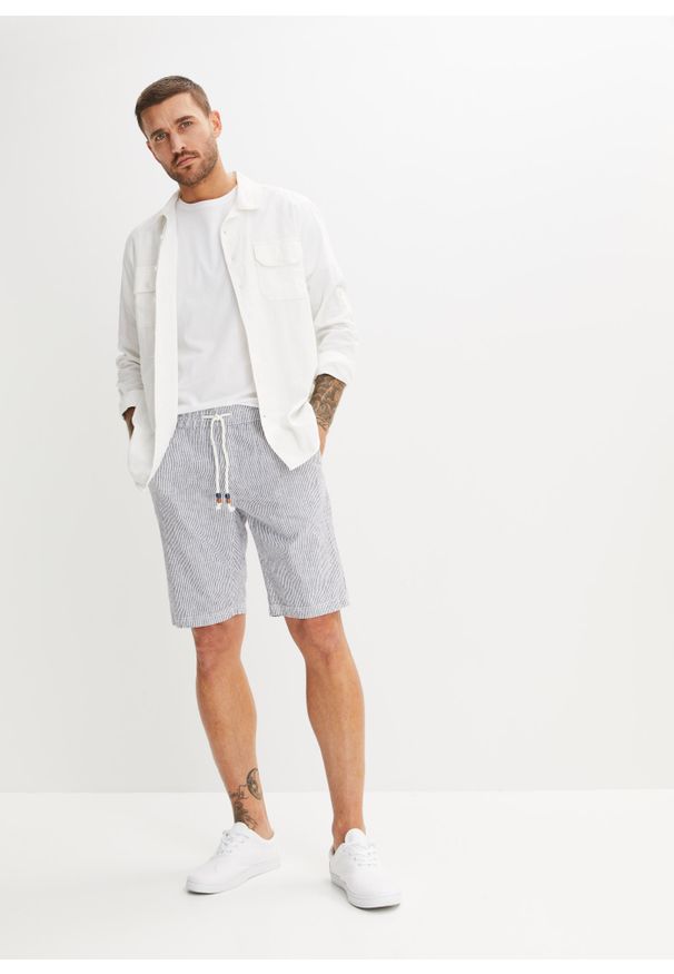 bonprix - Bermudy z przewiewnej mieszanki lnu, regular fit. Kolor: niebieski. Materiał: len. Wzór: paski
