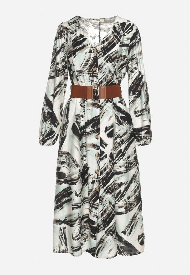 Born2be - Zielona Rozkloszowana Sukienka z Wiskozą w Abstrakcyjny Wzór z Dodatkowym Paskiem Miritana. Okazja: na co dzień. Kolor: zielony. Materiał: wiskoza. Styl: casual, elegancki