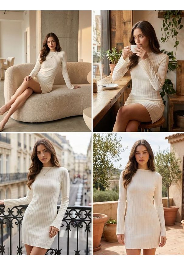 Sinsay - Prążkowana dzianinowa sukienka mini z szerokimi rękawami - kremowy. Kolor: kremowy. Materiał: prążkowany, dzianina. Długość: mini