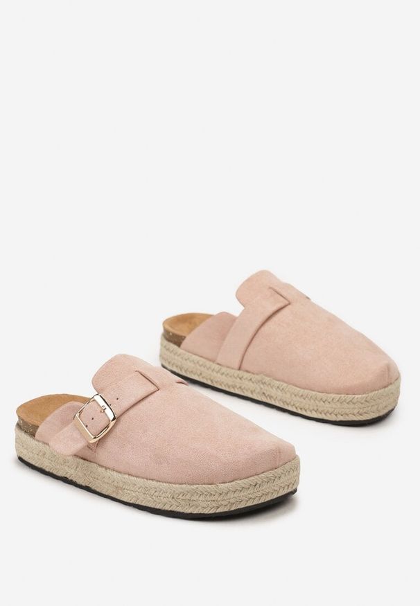 Born2be - Różowe Klapki Mule w Stylu Chodaków z Plecioną Podeszwą Esinna. Kolor: różowy. Wzór: aplikacja. Styl: elegancki
