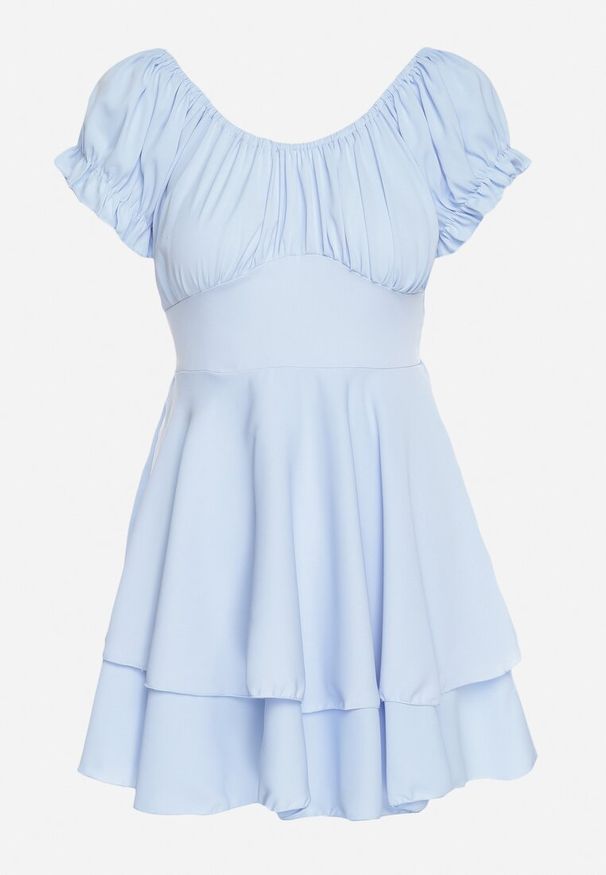 Born2be - Jasnoniebieska Sukienka z Bawełną Bufiastymi Rękawami i Falbankami Maveleira. Typ kołnierza: kołnierz z falbankami. Kolor: niebieski. Materiał: bawełna. Styl: elegancki