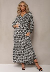 Renee - Czarno-Biała Sukienka Rozkloszowana z Gumką w Pasie Kefem. Kolor: czarny. Materiał: materiał, tkanina. Długość rękawa: długi rękaw. Typ sukienki: kopertowe. Styl: boho. Długość: maxi #4
