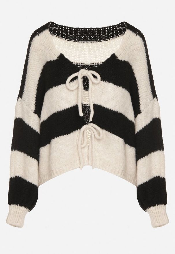 Born2be - Czarny Wiązany Kardigan Oversize w Paski z Dodatkiem Wełny i Wiskozy Retire. Kolor: czarny. Materiał: wełna, wiskoza. Wzór: paski