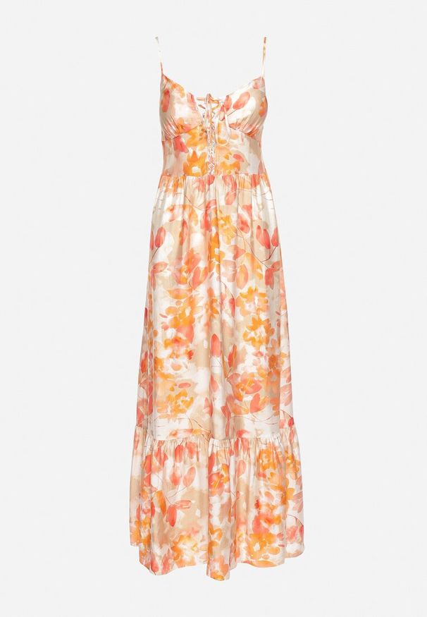 Born2be - Pomarańczowa Sukienka z Wiskozy i Bawełny Rozkloszowana w Kwiatowy Print z Ozdobnym Wiązaniem Wiama. Okazja: na co dzień. Kolor: pomarańczowy. Materiał: bawełna, wiskoza. Wzór: nadruk, kwiaty. Typ sukienki: rozkloszowane. Styl: casual, elegancki