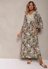 Renee - Beżowo-Granatowa Sukienka Boho z Wiskozy Ozdobiona Ażurową Koronką i Chwostami Giorna. Kolor: beżowy. Materiał: koronka, wiskoza. Wzór: aplikacja, ażurowy, koronka. Sezon: lato. Styl: boho #3
