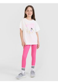 4f - 4F T-shirt regular z nadrukiem dziewczęcy - biały 164 (13-14 lat). Okazja: na co dzień. Kolor: biały. Materiał: bawełna, jersey, dzianina. Długość rękawa: krótki rękaw. Długość: krótkie. Wzór: nadruk. Sezon: lato. Styl: klasyczny, sportowy, casual