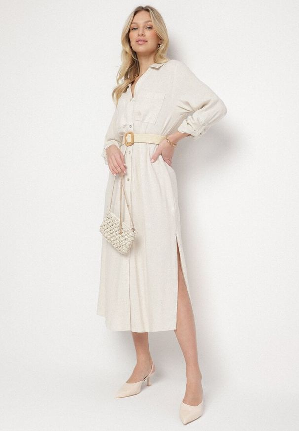 Born2be - Beżowa Koszulowa Sukienka z Lnem i Wiskozą z Regulowanymi Rękawami Melvezia. Okazja: na co dzień. Kolor: beżowy. Materiał: len, wiskoza. Typ sukienki: koszulowe. Styl: casual